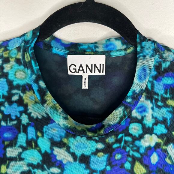 Ganni Azure Blue Floral Ruched Mesh Mini Dress Size Large/42 - Picture 8 of 9